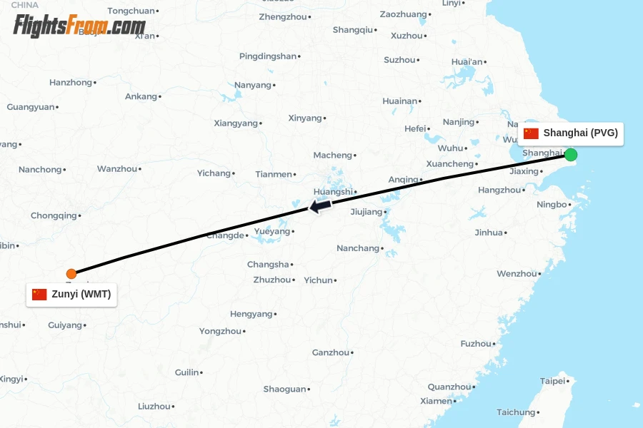 Flights from Shanghai to Zunyi route map