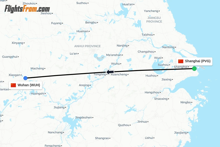 Flights from Shanghai to Wuhan route map