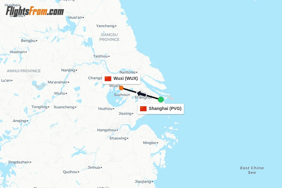 Flights from Shanghai to Wuxi route map