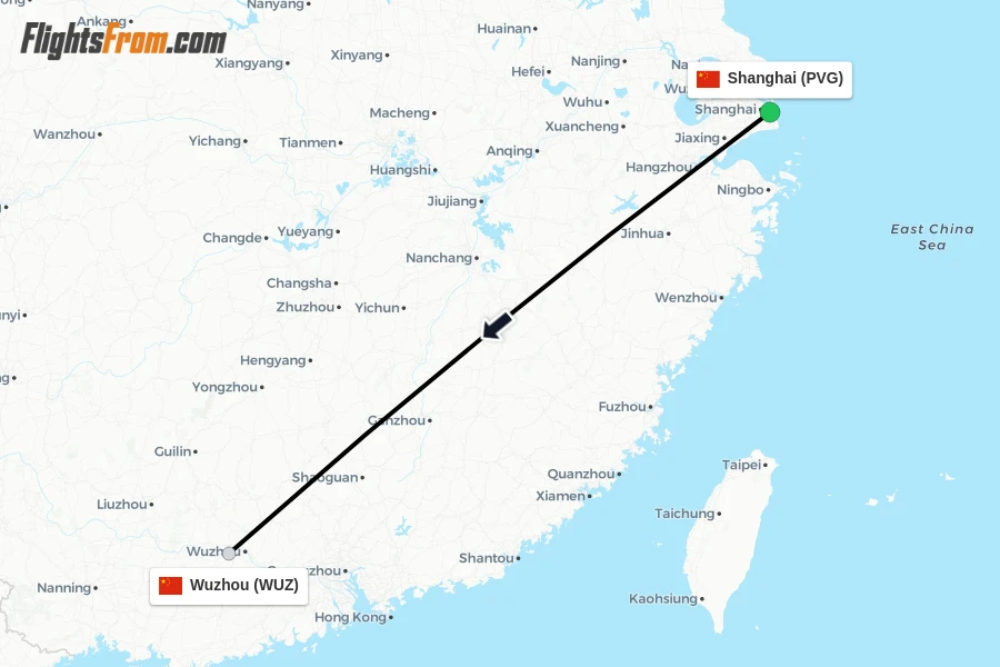 Flights from Shanghai to Wuzhou route map