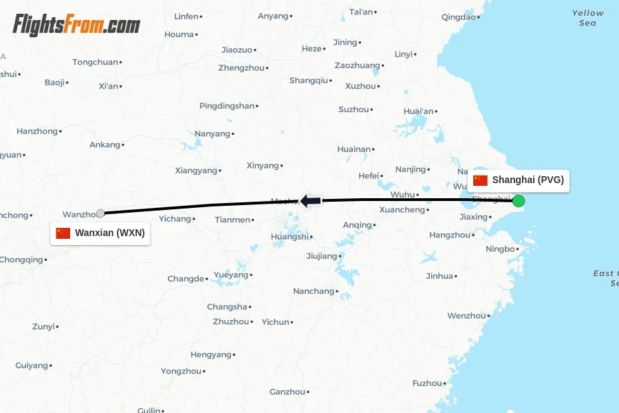 Flights from Shanghai to Wanxian route map