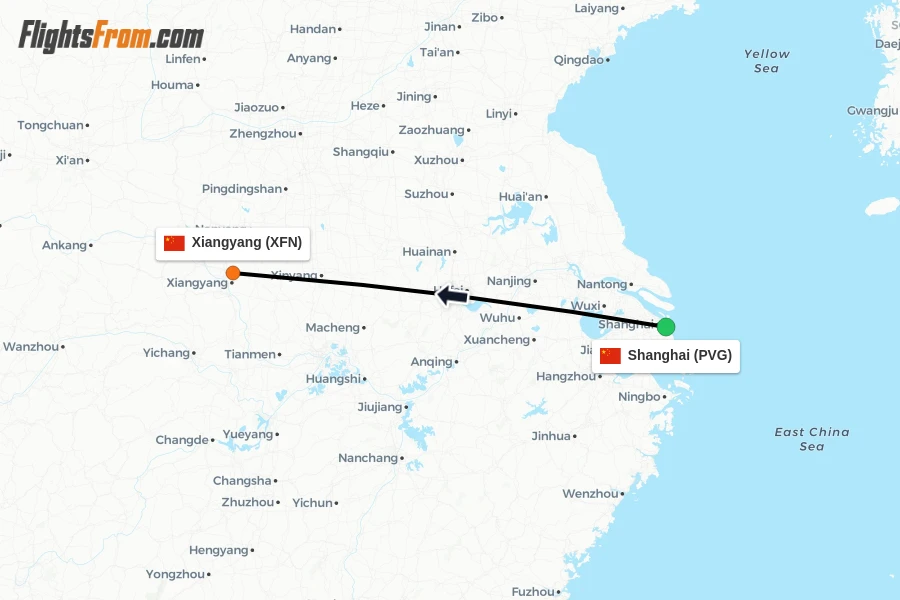 Flights from Shanghai to Xiangyang route map