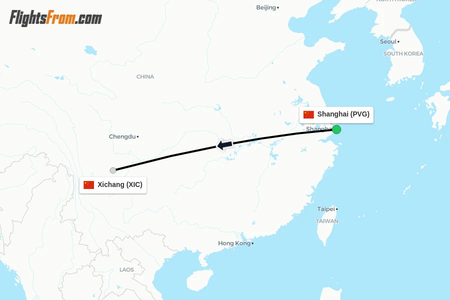 Flights from Shanghai to Xichang route map