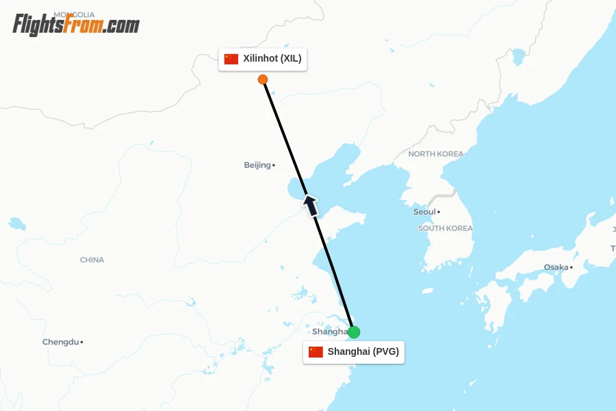 Flights from Shanghai to Xilinhot route map