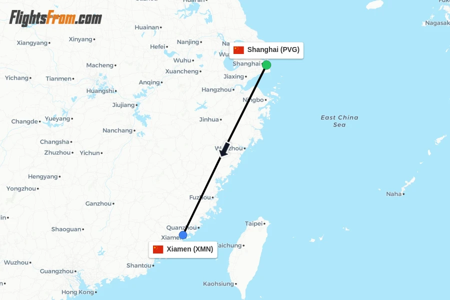 Flights from Shanghai to Xiamen route map
