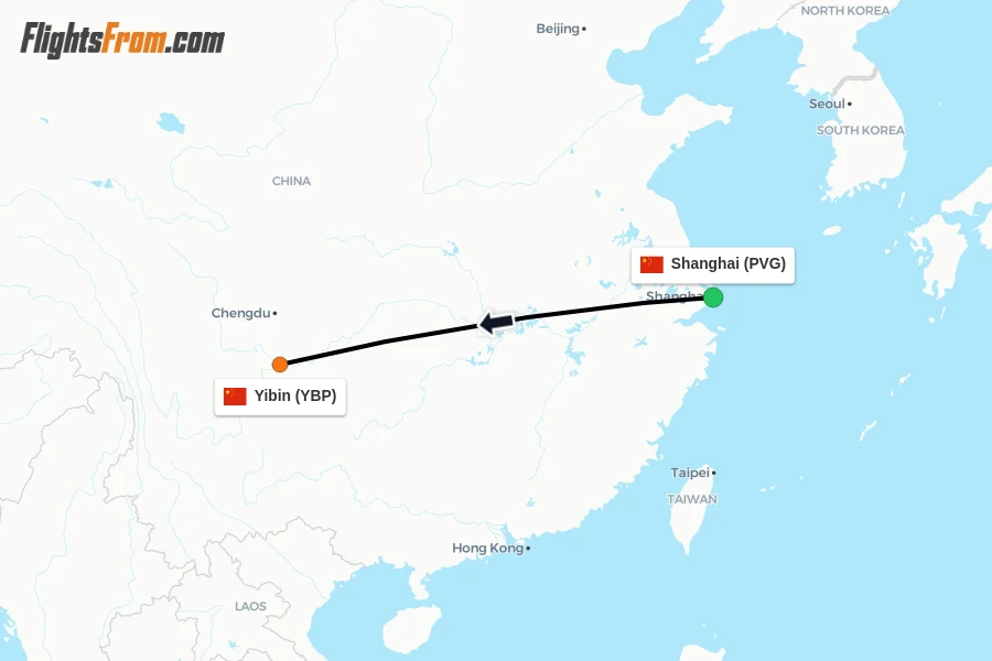 Flights from Shanghai to Yibin route map
