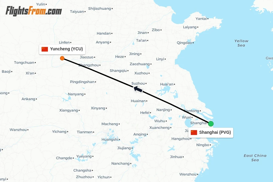 Flights from Shanghai to Yuncheng route map
