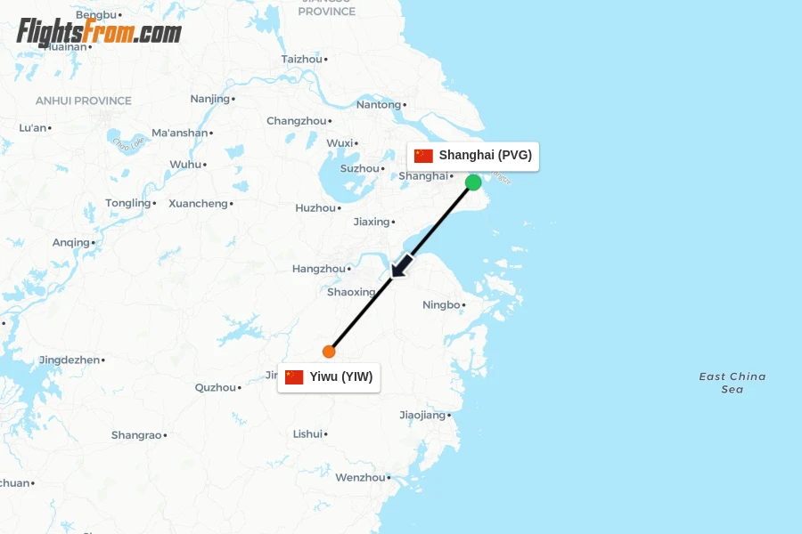 Flights from Shanghai to Yiwu route map