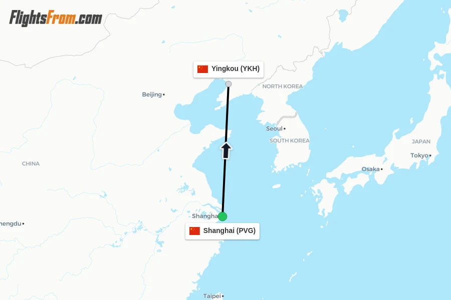 Flights from Shanghai to Yingkou route map