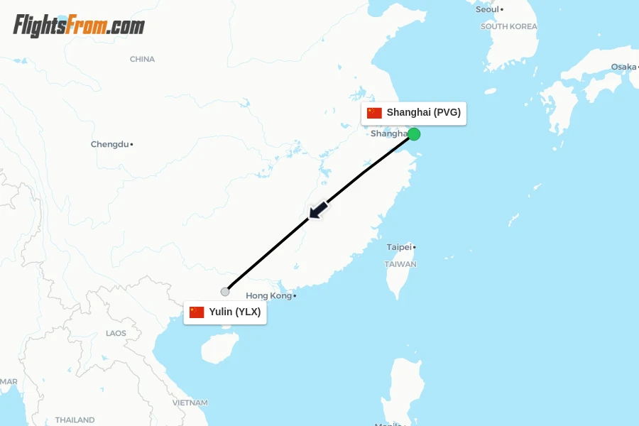 Flights from Shanghai to Yulin route map
