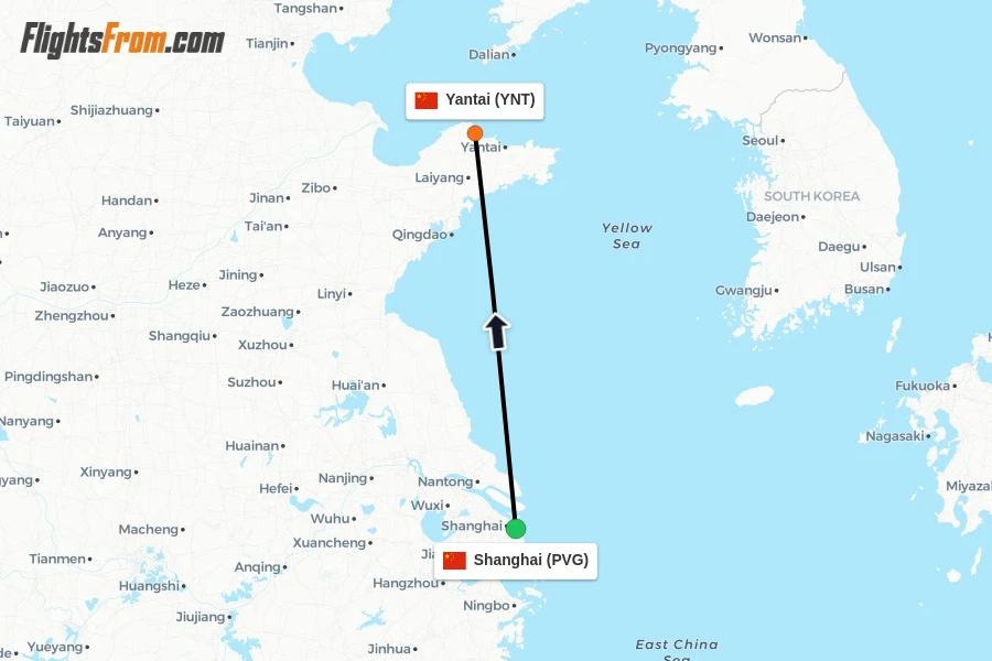 Flights from Shanghai to Yantai route map
