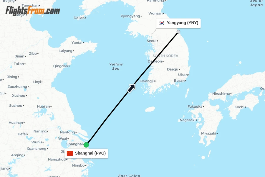 Flights from Shanghai to Yangyang route map