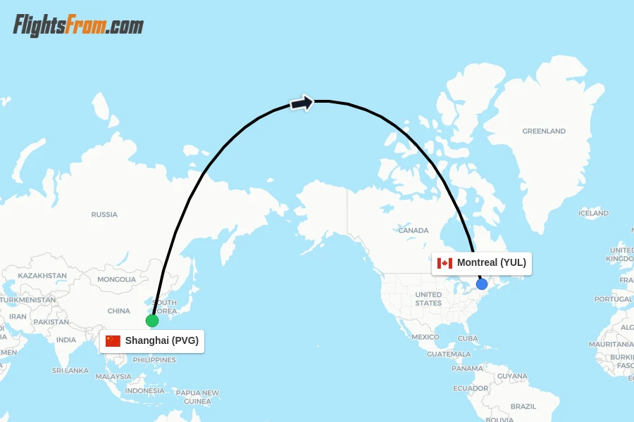 Flights from Shanghai to Montreal route map