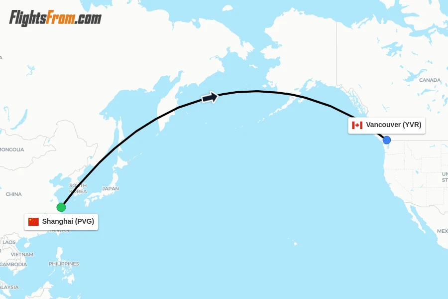 Flights from Shanghai to Vancouver route map