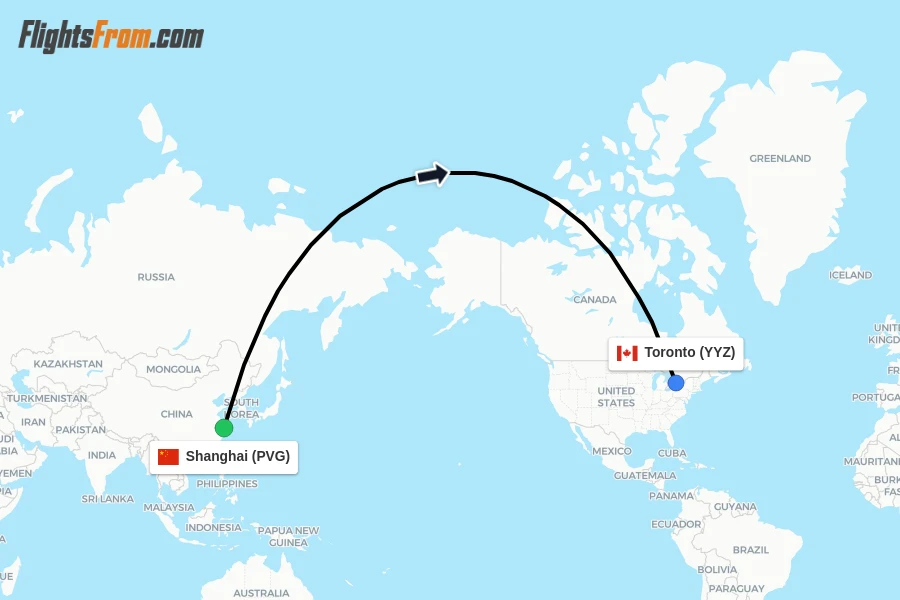 Flights from Shanghai to Toronto route map