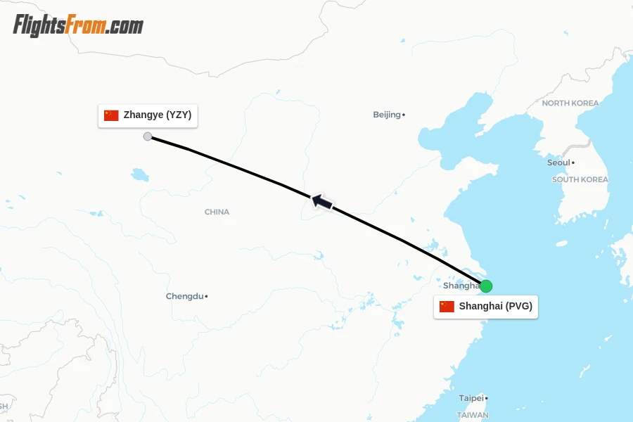 Flights from Shanghai to Zhangye route map