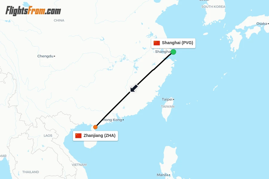 Flights from Shanghai to Zhanjiang route map