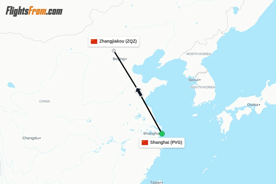Flights from Shanghai to Zhangjiakou route map