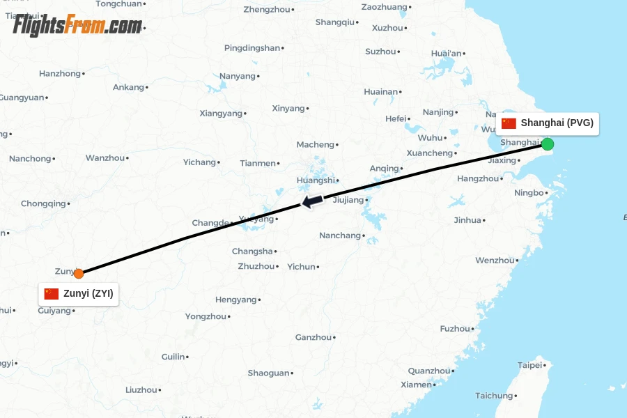 Flights from Shanghai to Zunyi route map