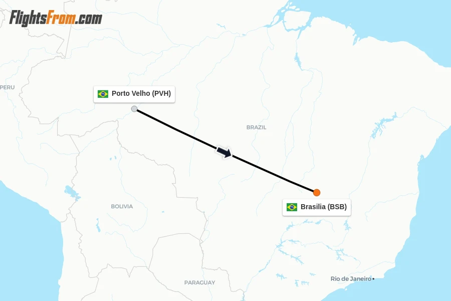 Flights from Porto Velho to Brasilia route map