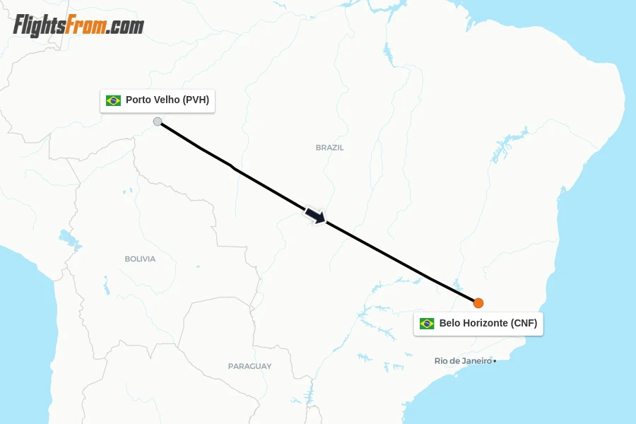 Flights from Porto Velho to Belo Horizonte route map