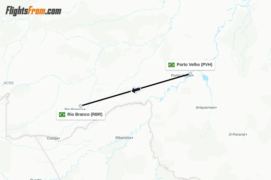 Flights from Porto Velho to Rio Branco route map