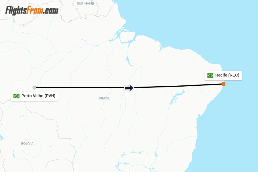 Flights from Porto Velho to Recife route map