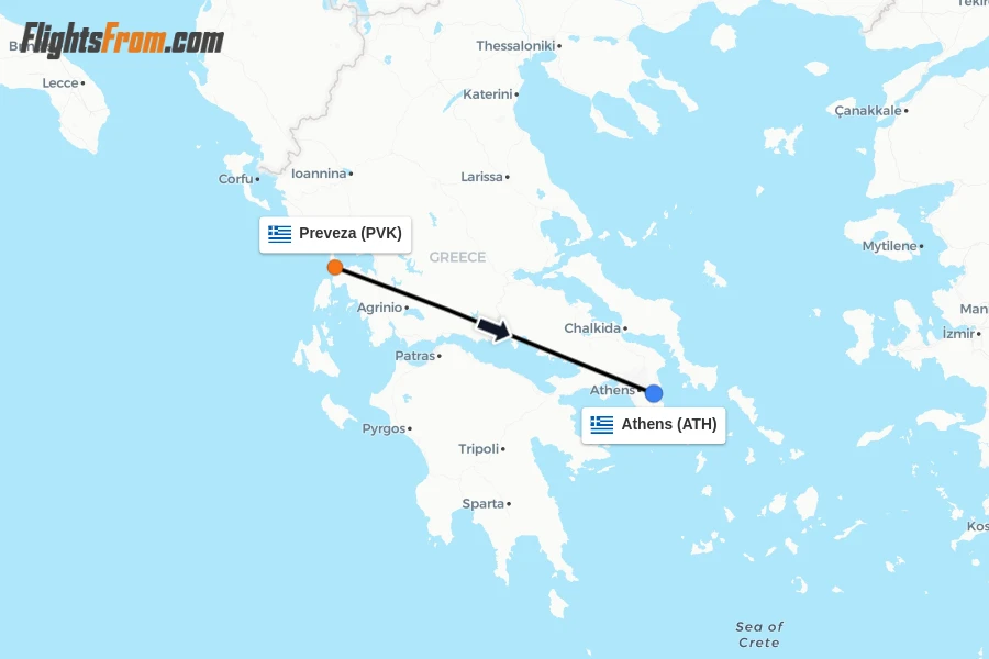 Flights from Preveza to Athens route map