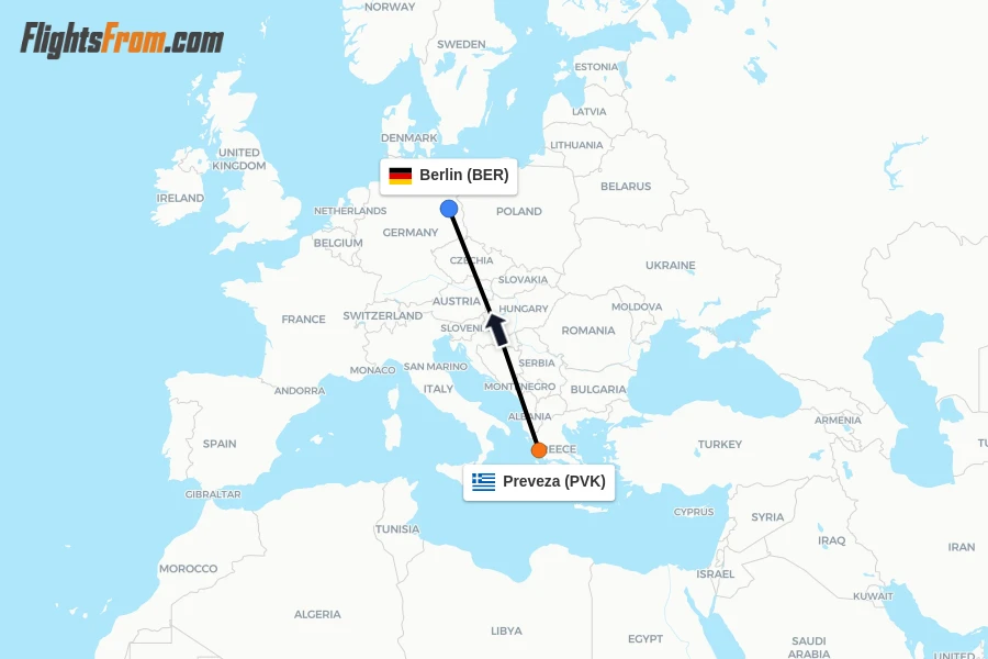 Flights from Preveza to Berlin route map