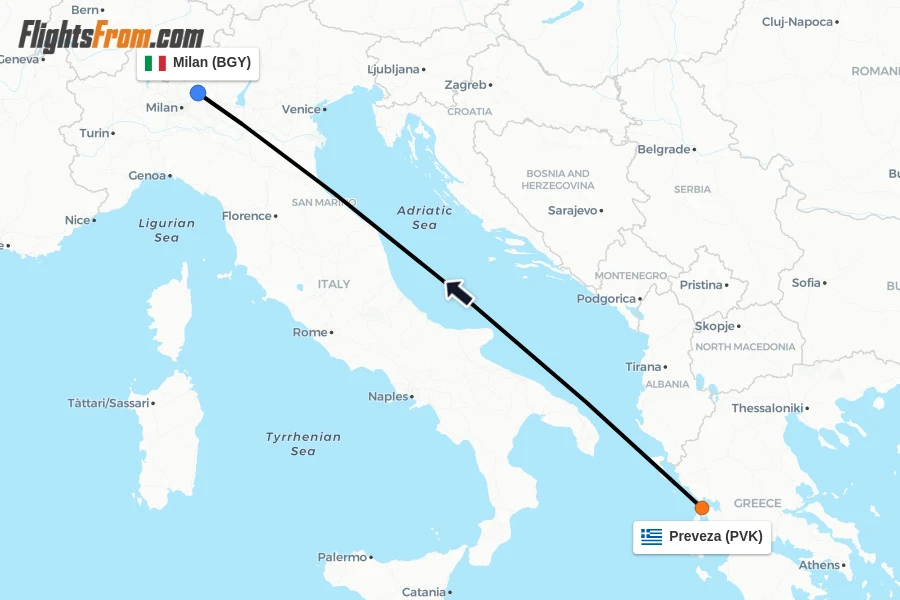 Flights from Preveza to Milan route map