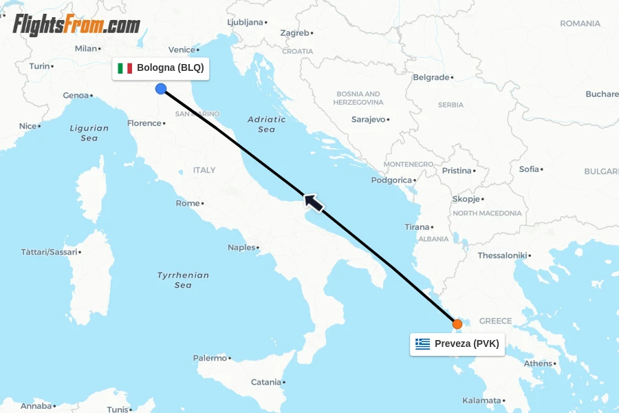 Flights from Preveza to Bologna route map