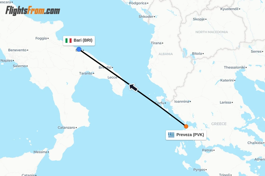 Flights from Preveza to Bari route map