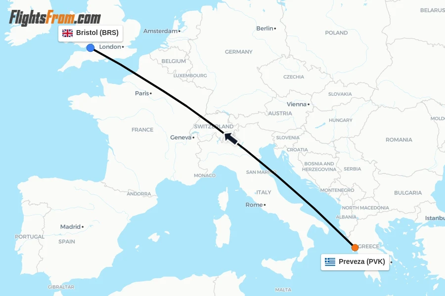 Flights from Preveza to Bristol route map