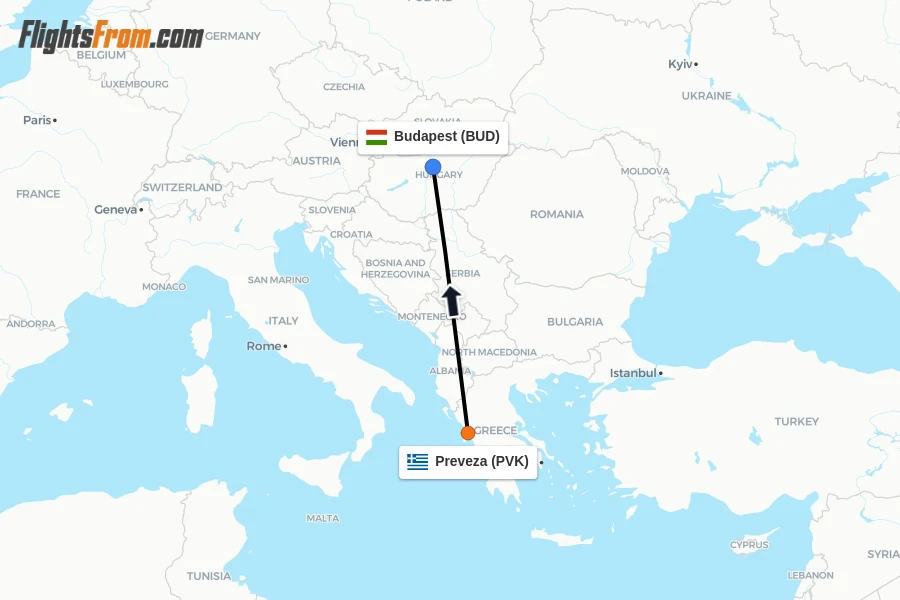 Flights from Preveza to Budapest route map