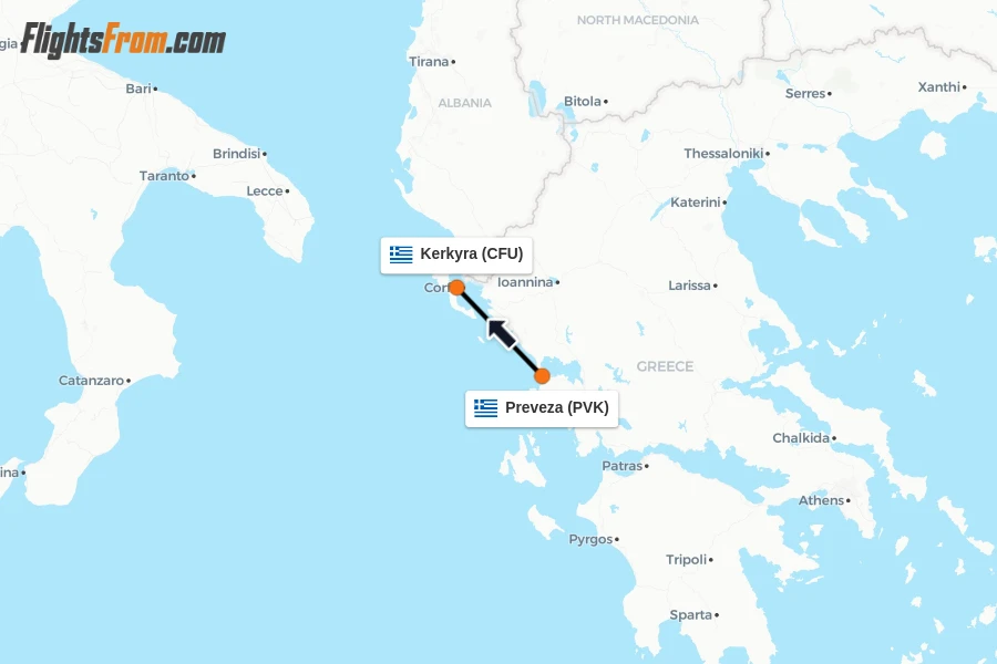 Flights from Preveza to Kerkyra route map