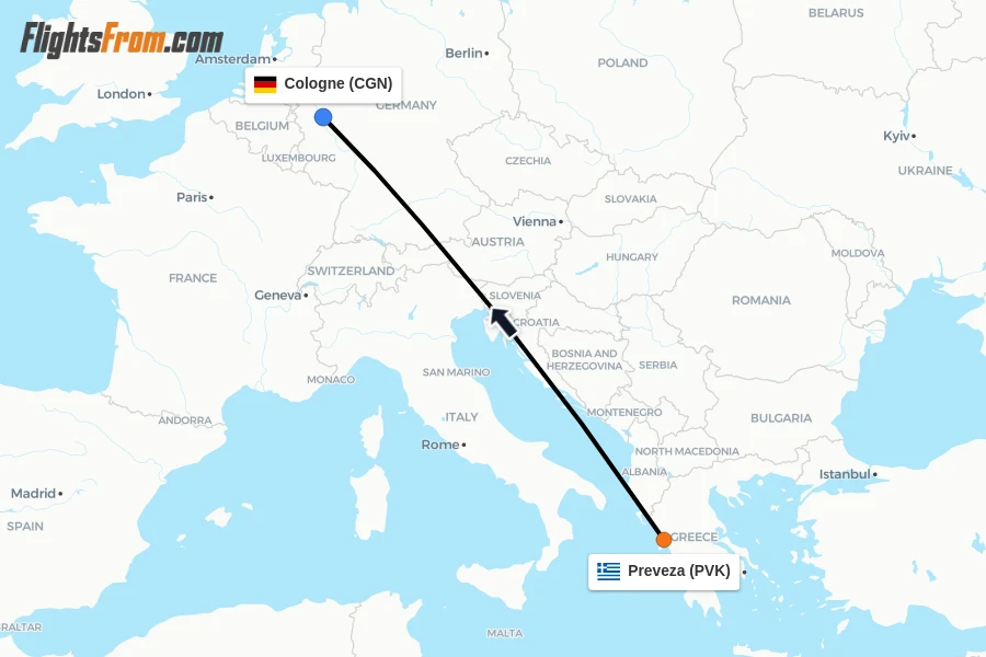 Flights from Preveza to Cologne route map
