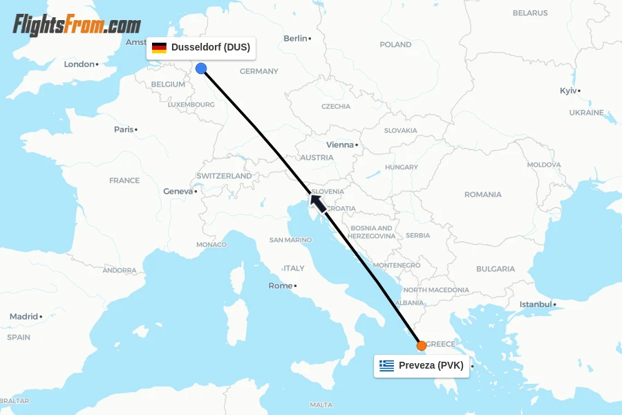 Flights from Preveza to Dusseldorf route map