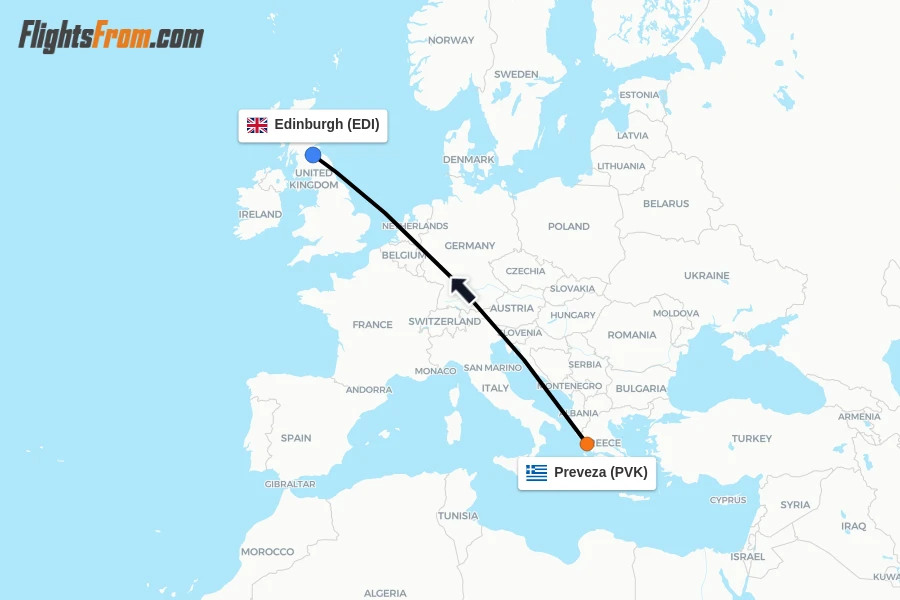 Flights from Preveza to Edinburgh route map