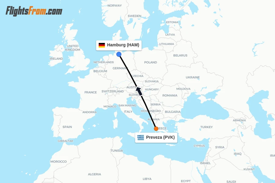 Flights from Preveza to Hamburg route map