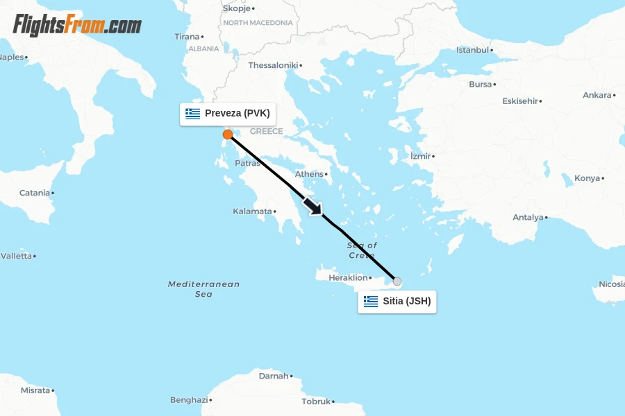Flights from Preveza to Sitia route map