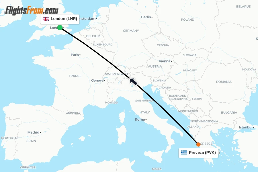 Flights from Preveza to London route map