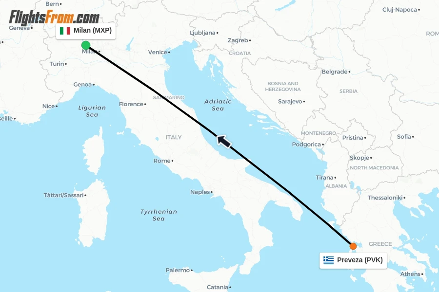 Flights from Preveza to Milan route map