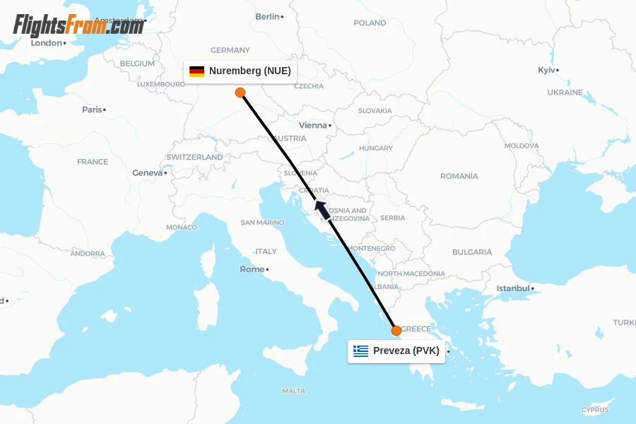 Flights from Preveza to Nuremberg route map