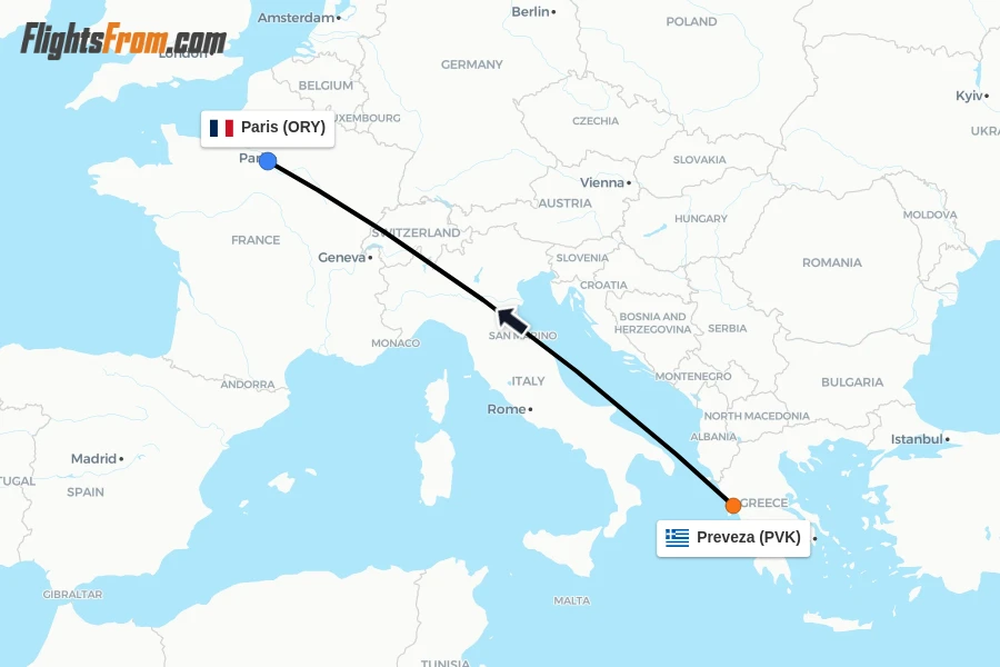Flights from Preveza to Paris route map