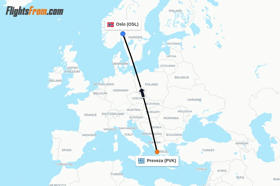 Flights from Preveza to Oslo route map