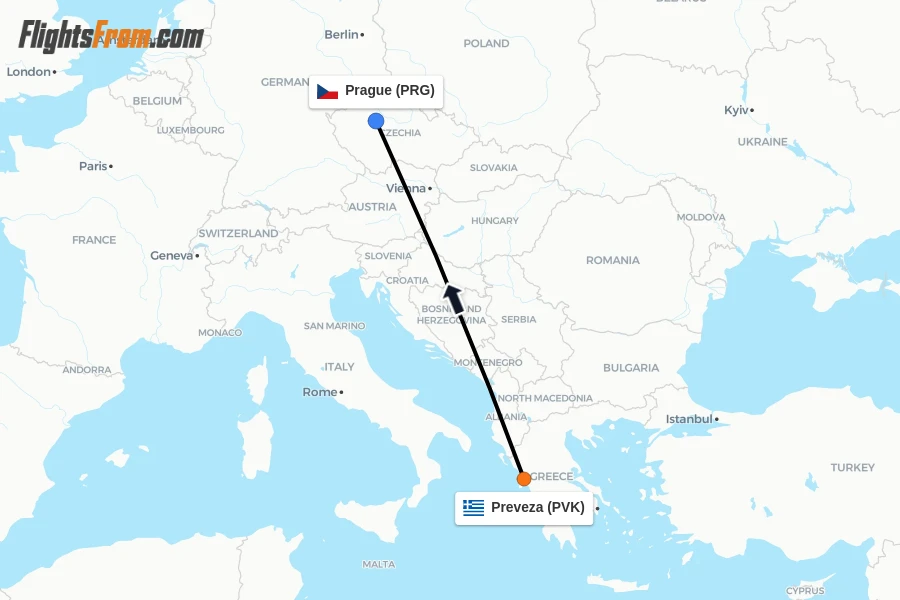 Flights from Preveza to Prague route map
