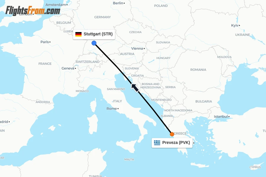 Flights from Preveza to Stuttgart route map