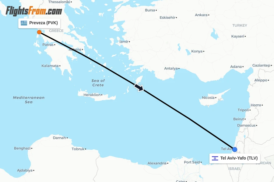 Flights from Preveza to Tel Aviv-Yafo route map