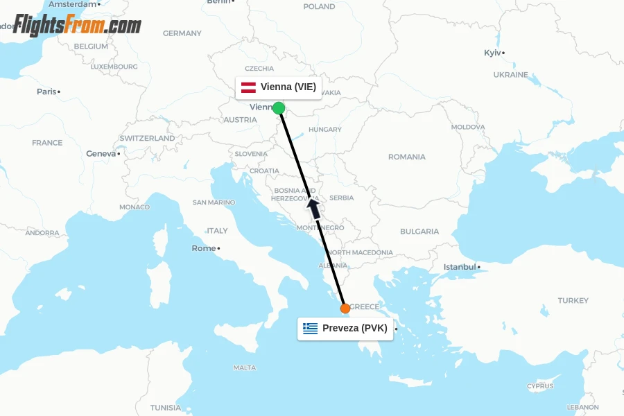 Flights from Preveza to Vienna route map