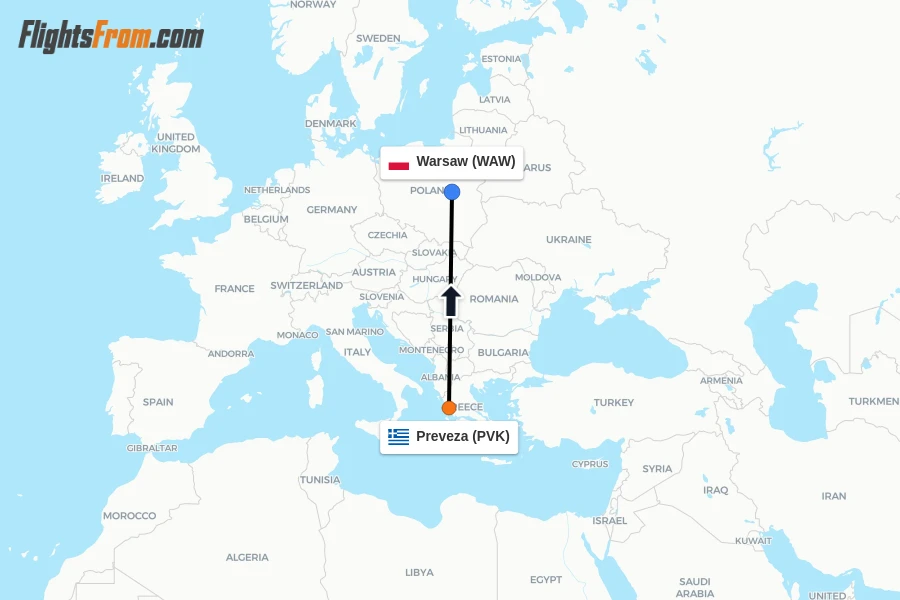 Flights from Preveza to Warsaw route map